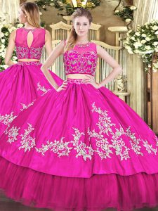 Flare Tulle Scoop Sleeveless Zipper Beading and Appliques Sweet 16 Dress in Hot Pink