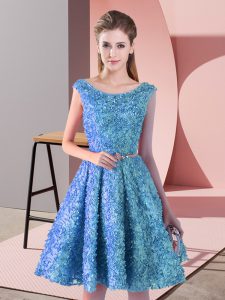 High Quality Sleeveless Knee Length Belt Lace Up Dress for Prom with Baby Blue
