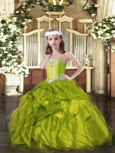 Elegant Floor Length Lace Up Girls Pageant Dresses Olive Green for Military Ball and Sweet 16 and Quinceanera with Beadi