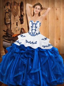 Blue Ball Gowns Satin and Organza Strapless Sleeveless Embroidery and Ruffles Floor Length Lace Up Quince Ball Gowns