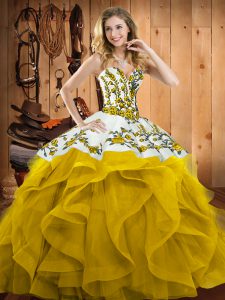 Affordable Yellow Satin and Organza Lace Up Sweet 16 Quinceanera Dress Sleeveless Floor Length Embroidery and Ruffles