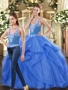 Ideal Straps Sleeveless Quince Ball Gowns Floor Length Beading and Ruffles Blue Tulle