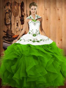 Halter Top Neckline Embroidery and Ruffles Quince Ball Gowns Sleeveless Lace Up
