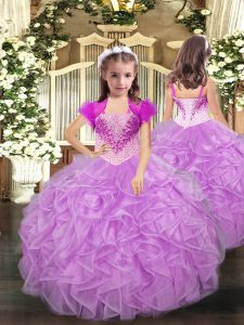 Lilac Organza Lace Up Straps Sleeveless Floor Length Little Girl Pageant Dress Beading and Ruffles