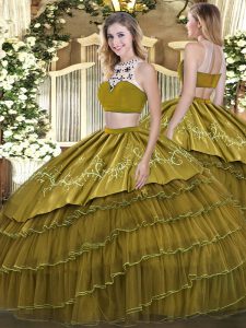 Sexy Olive Green Sleeveless Tulle Backless Quinceanera Dress for Military Ball and Sweet 16 and Quinceanera