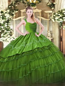 Luxury Straps Sleeveless Organza and Taffeta Sweet 16 Quinceanera Dress Embroidery and Ruffled Layers Zipper