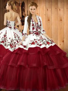 Enchanting Wine Red Organza Lace Up Sweetheart Sleeveless Quinceanera Gowns Sweep Train Embroidery