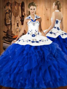 Wonderful Embroidery and Ruffles Quinceanera Dresses Blue And White Lace Up Sleeveless Floor Length