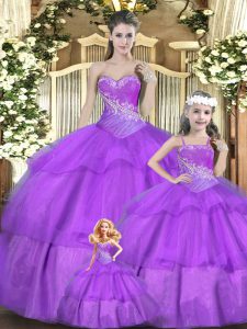Tulle Sweetheart Sleeveless Lace Up Beading and Ruffles and Ruching Sweet 16 Dress in Lilac