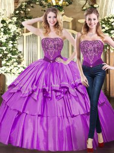 Top Selling Eggplant Purple Sleeveless Floor Length Beading and Ruffled Layers Lace Up Ball Gown Prom Dress