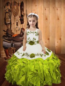 New Arrival Olive Green Straps Lace Up Embroidery and Ruffles Little Girls Pageant Gowns Sleeveless
