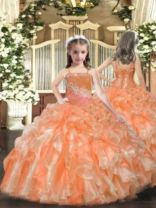 Glorious Sleeveless Organza Floor Length Lace Up Little Girls Pageant Dress in Orange with Beading and Sequins