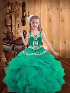 Exquisite Embroidery and Ruffles Little Girl Pageant Gowns Turquoise Lace Up Sleeveless Floor Length
