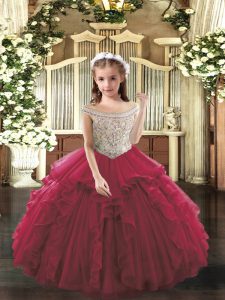 Fuchsia Ball Gowns Organza Off The Shoulder Sleeveless Beading and Ruffles Floor Length Lace Up Glitz Pageant Dress