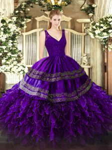 Free and Easy Purple Sleeveless Organza Backless Ball Gown Prom Dress for Military Ball and Sweet 16 and Quinceanera
