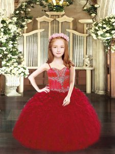 On Sale Wine Red Lace Up Pageant Dress Beading and Ruffles Sleeveless Floor Length