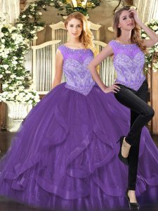 Purple Sleeveless Floor Length Beading and Ruffles Zipper 15th Birthday Dress