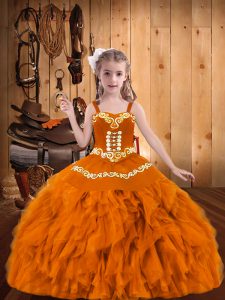 Embroidery and Ruffles Child Pageant Dress Orange Lace Up Sleeveless Floor Length