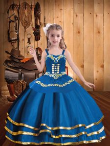 Blue Lace Up Pageant Dress Wholesale Embroidery and Ruffled Layers Sleeveless Floor Length