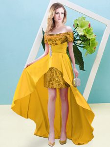 Modest Off The Shoulder Short Sleeves Dress for Prom High Low Beading Gold Elastic Woven Satin and Sequined
