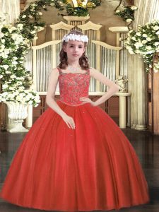 Floor Length Zipper Little Girl Pageant Gowns Red for Sweet 16 and Quinceanera with Beading