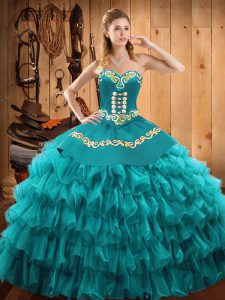 Fancy Teal Lace Up Sweetheart Embroidery and Ruffled Layers Quinceanera Gowns Satin and Organza Sleeveless