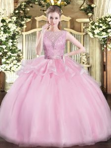 Free and Easy Baby Pink Scoop Backless Lace Quinceanera Dress Sleeveless