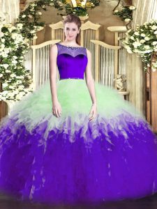 Vintage Sleeveless Tulle Floor Length Zipper Quinceanera Gowns in Multi-color with Beading and Ruffles