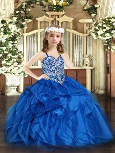 Blue High School Pageant Dress Party and Quinceanera with Beading and Ruffles Straps Sleeveless Lace Up