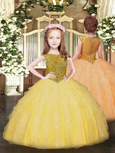 Floor Length Gold Child Pageant Dress Scoop Sleeveless Zipper