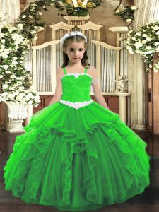 Tulle Straps Sleeveless Lace Up Appliques and Ruffles Little Girl Pageant Gowns in Green