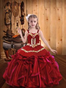 Unique Red Lace Up Little Girl Pageant Dress Embroidery and Ruffles Sleeveless