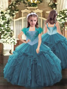 Graceful Floor Length Ball Gowns Sleeveless Teal Pageant Dress for Teens Lace Up