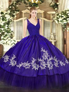 Sleeveless Taffeta Floor Length Backless Quinceanera Dresses in Purple with Beading and Lace and Appliques