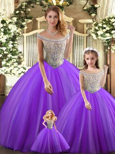Cute Purple Sleeveless Tulle Lace Up Quinceanera Dress for Military Ball and Sweet 16 and Quinceanera