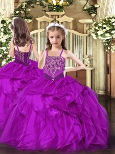 Fuchsia Sleeveless Beading and Ruffles Floor Length Kids Pageant Dress