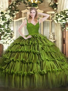 Floor Length Olive Green Ball Gown Prom Dress Organza Sleeveless Beading and Ruffled Layers