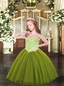 Tulle Spaghetti Straps Sleeveless Lace Up Appliques Winning Pageant Gowns in Olive Green