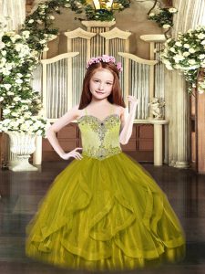 Olive Green Spaghetti Straps Neckline Beading and Ruffles Kids Pageant Dress Sleeveless Lace Up