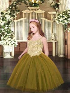Fashionable Brown Ball Gowns Tulle Spaghetti Straps Sleeveless Appliques Floor Length Lace Up High School Pageant Dress