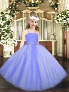 Lavender Ball Gowns Tulle Straps Sleeveless Beading and Lace Floor Length Zipper Little Girl Pageant Gowns