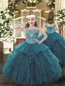 Sweet Straps Sleeveless Organza Child Pageant Dress Beading and Ruffles Lace Up
