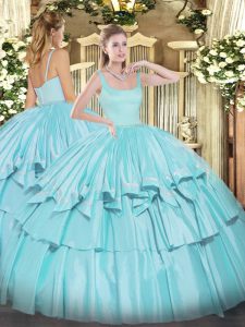 Custom Fit Aqua Blue Ball Gowns Beading and Ruffled Layers Quinceanera Gown Zipper Organza and Taffeta Sleeveless Floor 