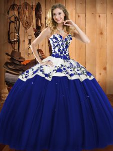 Most Popular Blue Satin and Tulle Lace Up Sweetheart Sleeveless Floor Length Sweet 16 Quinceanera Dress Embroidery