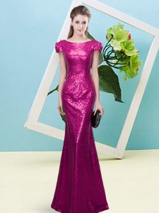 Fuchsia Prom Dresses Prom and Party with Sequins Scoop Cap Sleeves Zipper