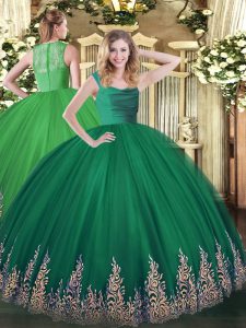 Wonderful Ball Gowns Quinceanera Gowns Dark Green Straps Tulle Sleeveless Floor Length Zipper