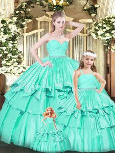 Captivating Sweetheart Sleeveless Zipper Quince Ball Gowns Turquoise Organza