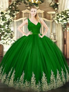 Fantastic Ball Gowns Sweet 16 Quinceanera Dress Green V-neck Tulle Sleeveless Floor Length Zipper