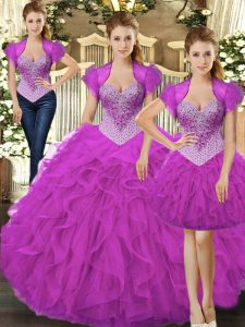Classical Fuchsia Tulle Lace Up Straps Sleeveless Floor Length Sweet 16 Dress Beading and Ruffles