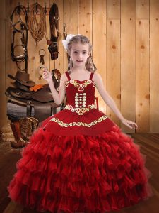 Red Straps Lace Up Embroidery and Ruffled Layers Little Girls Pageant Dress Wholesale Sleeveless
